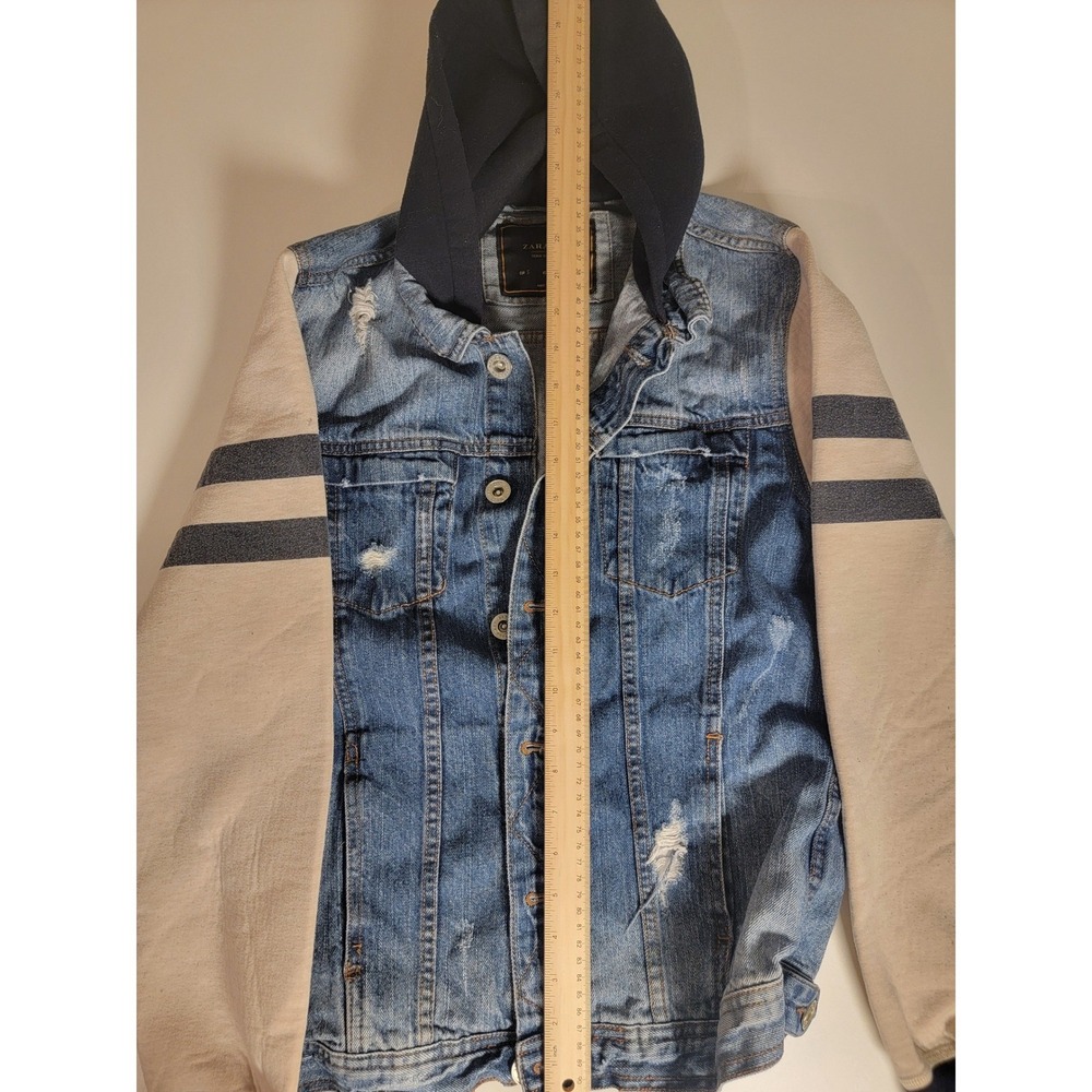 Zara Man Distressed Denim Hoodie Jacket Blue Cream Size S Small Mixed Media - Picture 2 of 7